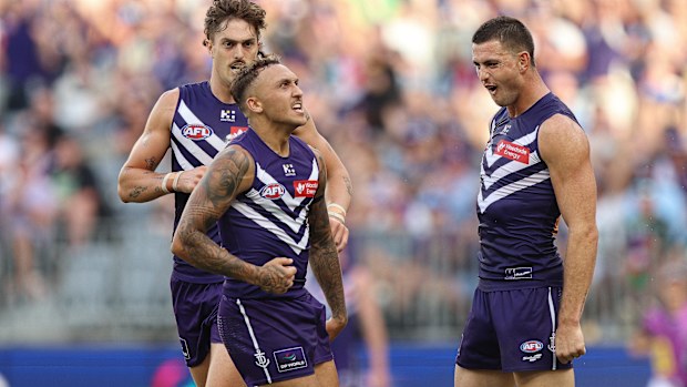 Shai Bolton of the Dockers celebrates a goal during the 2025 AFL Round 04 match 