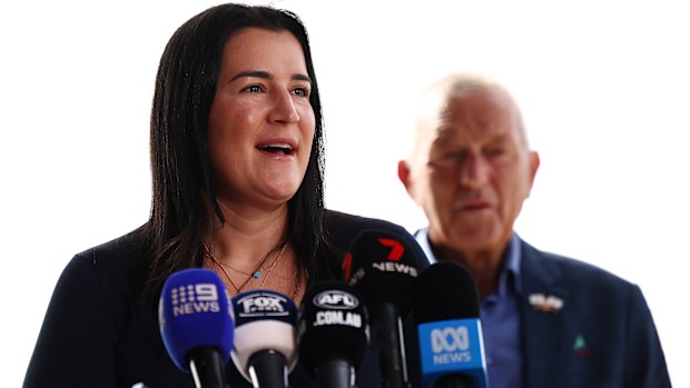 AFL Executive General Manager of Football, Laura Kane speaks to media during a media call ahead of the first ever AFL game at Barossa Park on April 10, 2025 in Lyndoch, Australia. (Photo by Morgan Hancock/AFL Photos/via Getty Images)