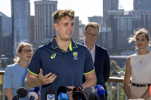 Cameron Green speaks to media.