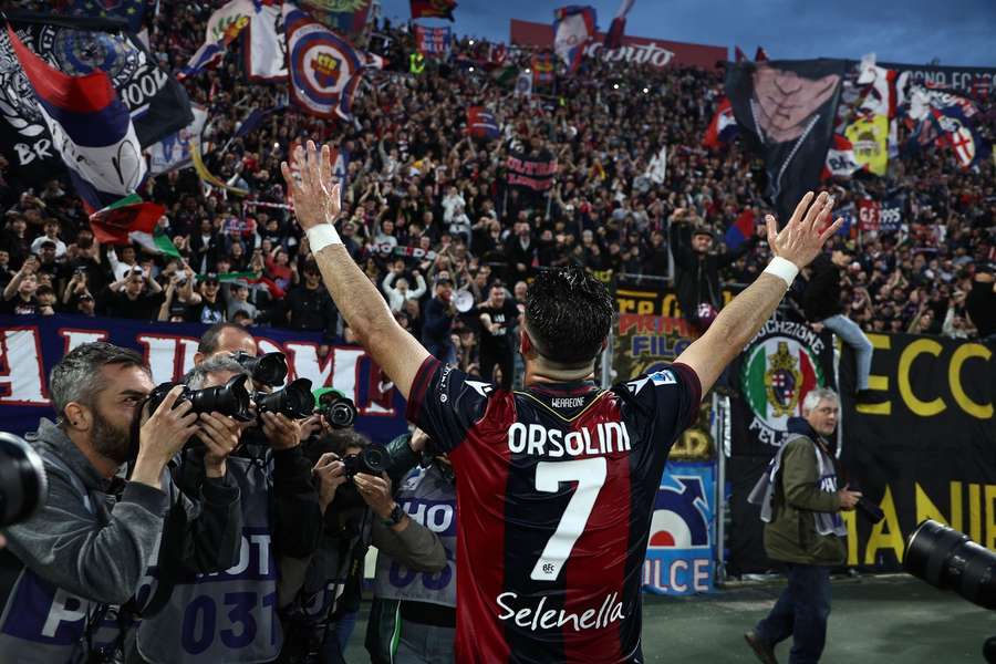 Riccardo Orsolini celebrates after scoring Bologna's winning goal against Inter.