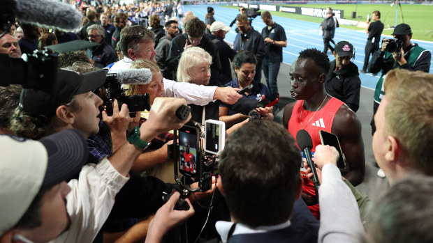 Gout Gout is interviewed after coming second in the Peter Norman Men's 200m final at the 2025 Maurie Plant Meet.