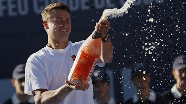 Denmark's Holger Rune celebrates after the ATP Barcelona Open tennis final.