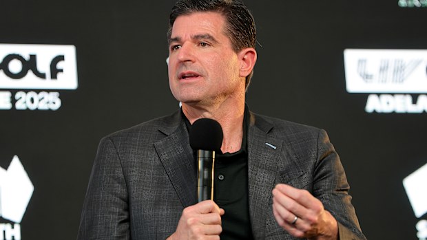 CEO of LIV Golf, Scott O'Neil, addressing the press before LIV Golf Adelaide at The Grange Golf Club on February 12, 2025, in Adelaide, Australia. (Photo by Sarah Reed/Getty Images)