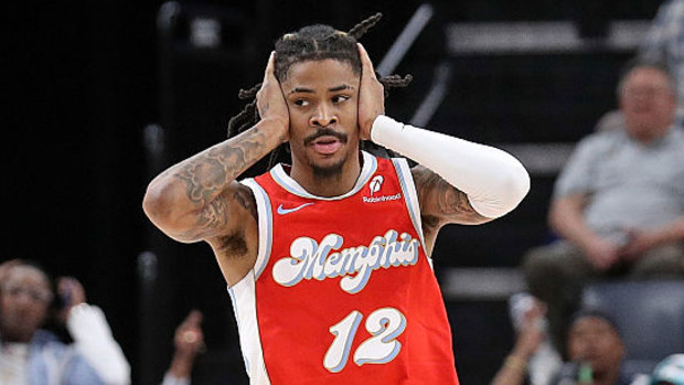 Ja Morant of the Memphis Grizzlies reacts.