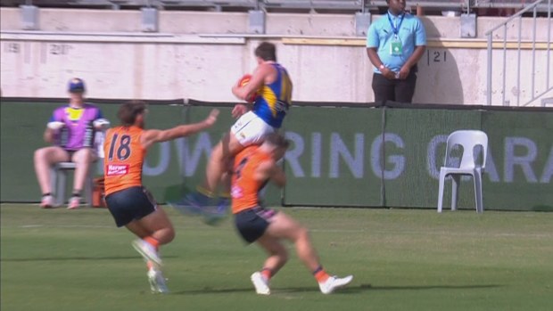 Matt Owies is caught in a tunnelling incident with Toby Greene.