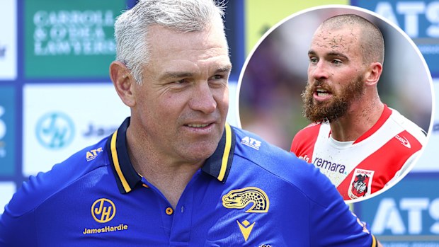 Eels coach Jason Ryles and former fullback Clint Gutherson.