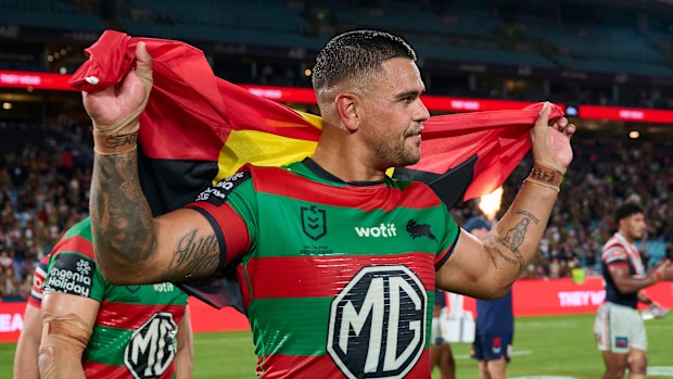 Latrell Mitchell of the Rabbitohs celebrates victory during the round five NRL match between South Sydney Rabbitohs and Sydney Roosters at Accor Stadium, on April 04, 2025, in Sydney, Australia. (Photo by Brett Hemmings/Getty Images)