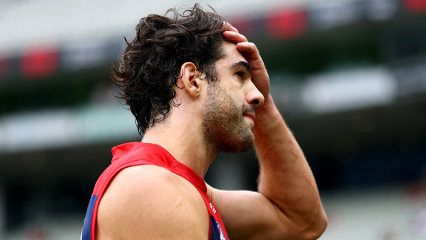Melbourne's Christian Petracca watches on against Gold Coast.