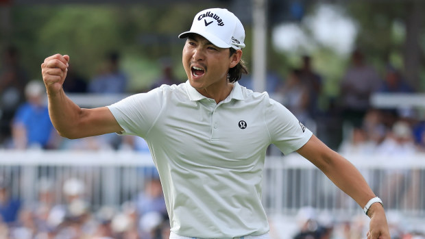 Min Woo Lee of Australia celebrates after a putt on the 18th hole green during the final round of the Texas Children's Houston Open 2025 at Memorial Park Golf Course on March 30, 2025 in Houston, Texas. (Photo by Kenneth Richmond/Getty Images)