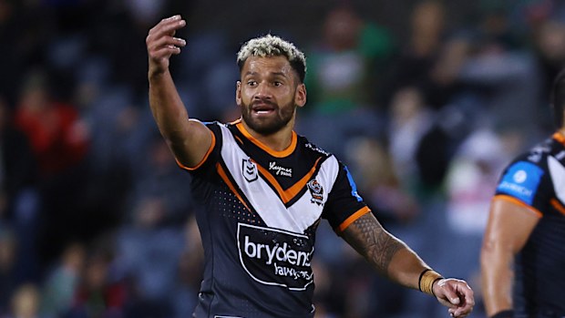 Apisai Koroisau of the Tigers gestures after the Rabbitohs scored a try during the round 24 NRL match between Wests Tigers and South Sydney Rabbitohs at Campbelltown Stadium, on August 17, 2024, in Sydney, Australia. (Photo by Jeremy Ng/Getty Images)