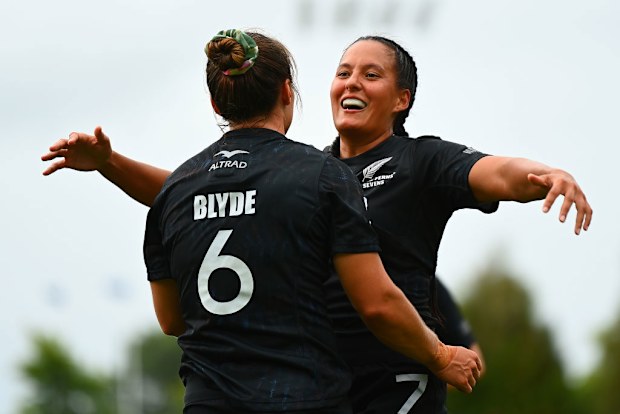 Portia Woodman-Wickliffe of New Zealand celebrates with Tyla King (formerly Nathan-Wong) after scoring a try.