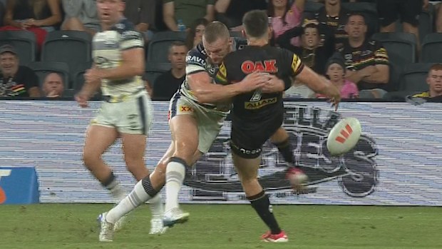 Coen Hess put a crunching hit on Nathan Cleary late in the Cowboys' clash with the Panthers.