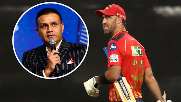 Glenn Maxwell with inset of India great Virender Sehwag.