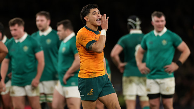 Noah Lolesio of Australia shouts instructions at the Aviva Stadium.