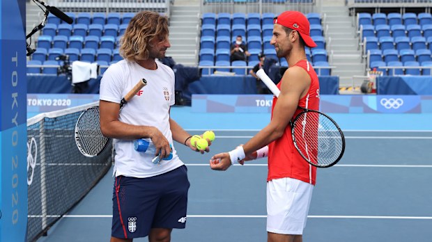 Novak Djokovic and brother Marko in discussion during the practice session ahead of the Tokyo 2020 Olympic Games.