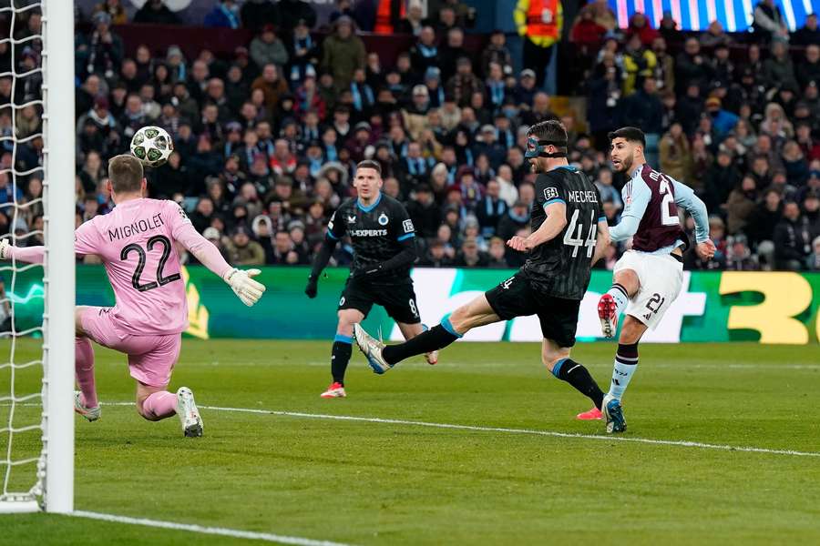 Aston Villa's Marco Asensio scores to make it 1-0 during the Champions League match v Club Brugge