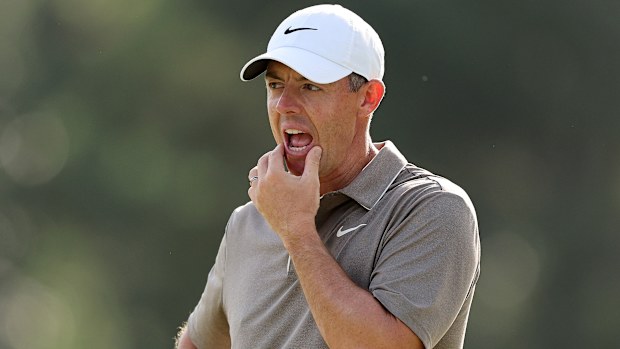 Rory McIlroy of Northern Ireland reacts on the 14th hole during the first round of the 2025 Masters Tournament at Augusta National Golf Club on April 10, 2025 in Augusta, Georgia. (Photo by Michael Reaves/Getty Images)