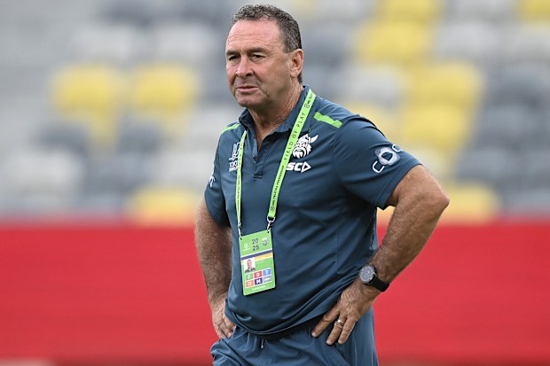 TOWNSVILLE, AUSTRALIA - MARCH 29: Raiders Coach Ricky Stuart looks on before the start of the round four NRL match between North Queensland Cowboys and Canberra Raiders at Queensland Country Bank Stadium, on March 29, 2025, in Townsville, Australia. (Photo by Ian Hitchcock/Getty Images)