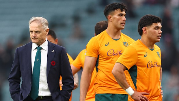Joe Schmidt, Head Coach of Australia looks on as the team warms up prior to the Autumn Nations Series 2025 match between England and Australia at Allianz Stadium on November 09, 2024 in London, England. (Photo by Clive Rose/Getty Images)