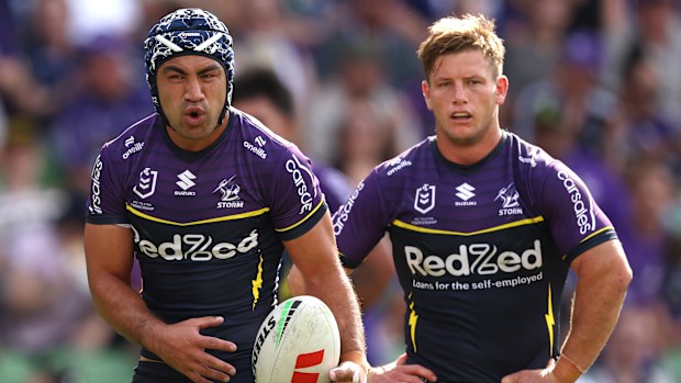 Jahrome Hughes reacts during the Storm's win against the Warriors.