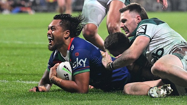 Adam Pompey of the Warriors celebrates as he scores a try during the round eight NRL match between New Zealand Warriors and Newcastle Knights at Apollo Projects Stadium, on April 25, 2025, in Christchurch, New Zealand. (Photo by Joe Allison/Getty Images)