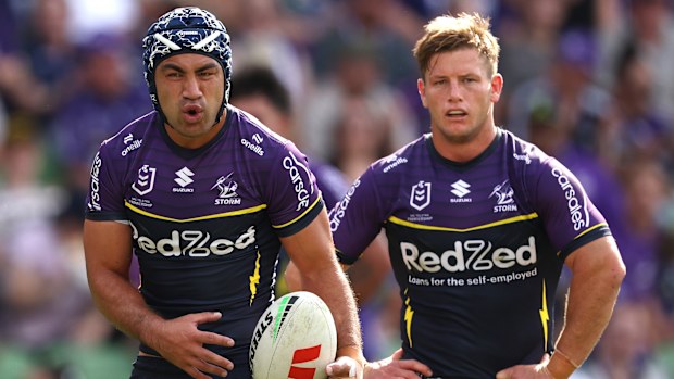Jahrome Hughes reacts during the Storm's win against the Warriors.