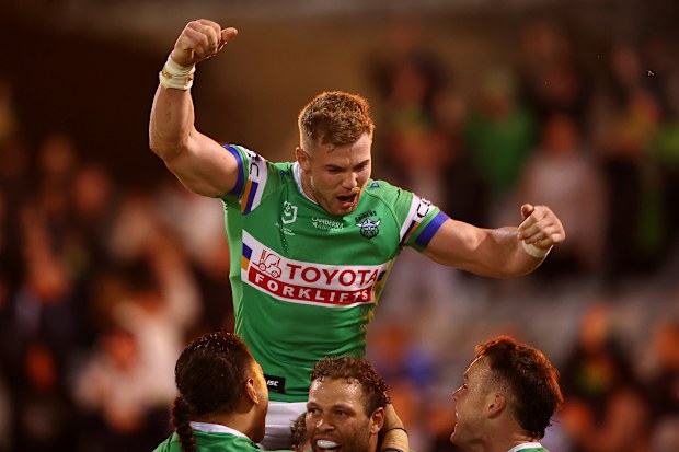 Hudson Young of the Raiders celebrates a try.