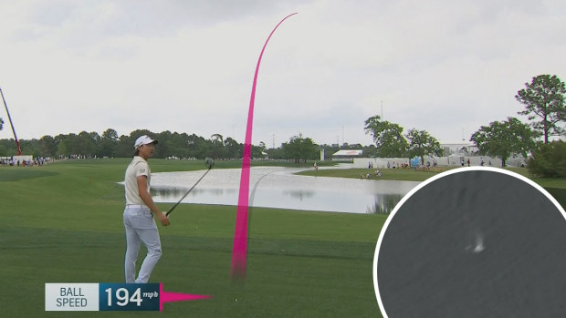 Min Woo Lee's drive on the par-5 16th in the final round of the Houston Open landed in a pond.
