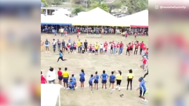 Shelly-Ann Fraser-Pryce dominates the parents' race at her son's school sports day.