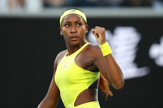 Coco Gauff of the United States celebrates a point.