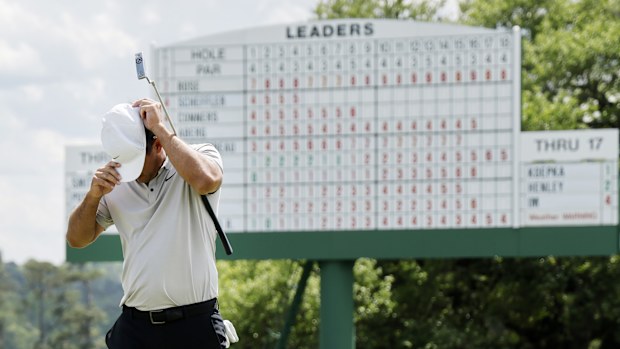 Brooks Koepka of the United States reacts after a quadruple bogey on the 18th hole during the second round of the 2025 Masters Tournament at Augusta National Golf Club on April 11, 2025 in Augusta, Georgia. (Photo by Harry How/Getty Images)