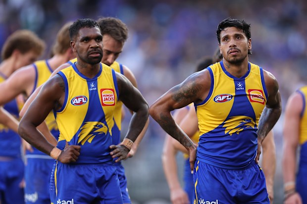 Liam Ryan (left) and Tim Kelly of the Eagles pictured during round three, 2025.