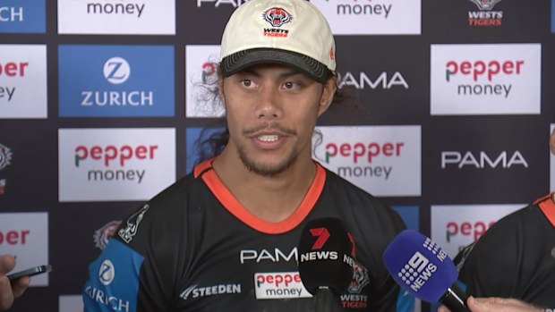 Wests Tigers halfback Jarome Luai speaks to media.