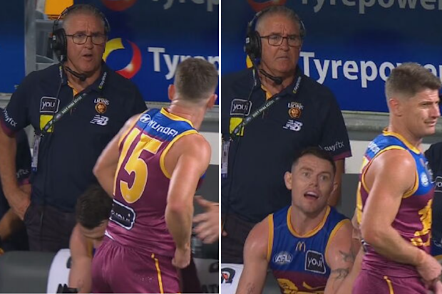 Brisbane coach Chris Fagan and Lions premiership-winner Dayne Zorko clash on the boundary.