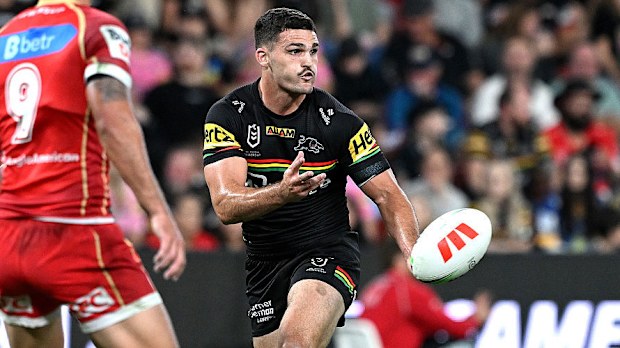 Nathan Cleary of the Panthers passes the ball.