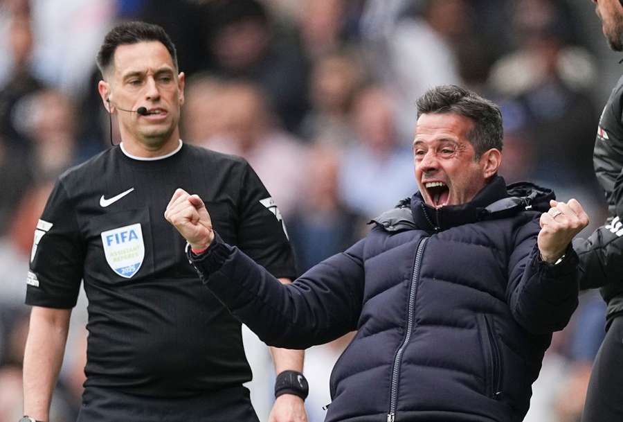 Fulham's head coach Marco Silva celebrates the opening goal vs Chelsea on 20 April, 2025