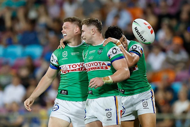 Hudson Young of the Raiders celebrates a try.