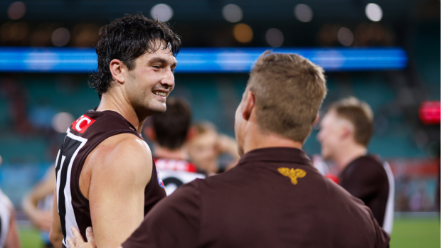 Tom Barrass with Hawthorn coach Sam Mitchell