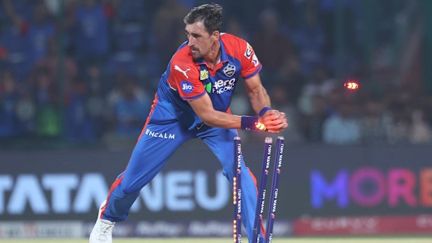 Mitchell Starc of Delhi Capitals runs out Yashasvi Jaiswal of Rajasthan Royals.
