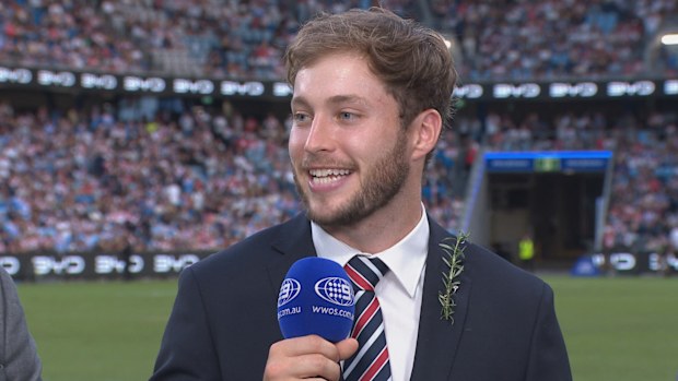 Injured Roosters star Sam Walker provided an injury update on Nine during half time of the Roosters' Anzac Day clash with the Dragons.