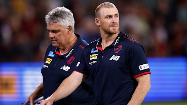 Simon Goodwin, Senior Coach of the Demons looks dejected after a loss during the match between the Melbourne Demons and the Essendon Bombers at Adelaide Oval.