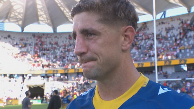 A visibly emotional Zac Lomax speaking to Fox Sports after scoring the winning field goal against the Dragons.