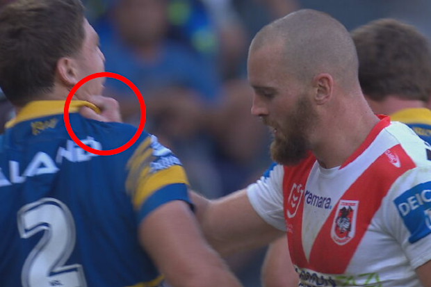 Clint Gutherson confronts former Eels teammate Sean Russell.
