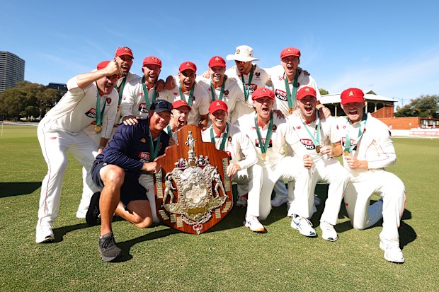 South Australia celebrating victory against Victoria in the Sheffield Shield.