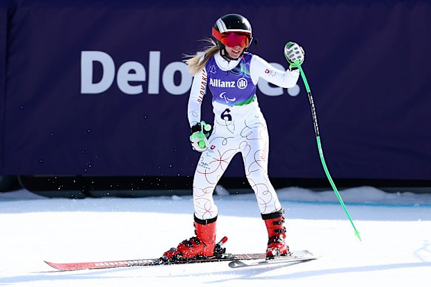 Alexandra Rexova reacts after competing in the Women's Alpine Skiing Super-G Vision Impaired.