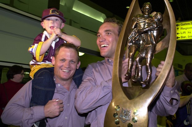 27 Aug 2000: Kevin Walters and Gorden Tallis of the Brisbane Broncos celebrate winning the N.R.L Grand Final against the Sydney Roosters with Broncos fans at Brisbane Airport in Brisbane, Australia. DIGITAL IMAGE. Mandatory Credit: Darren England/ALLSPORT