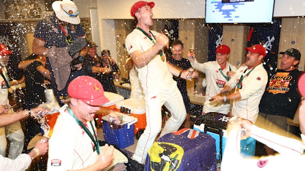 South Australia celebrate their 2025-26 Sheffield Shield title win.
