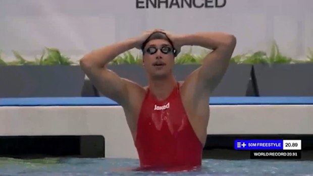 Kristian Gkolomeev reacts after breaking the 50m freestyle world record ahead of the Enhanced Games, in which juiced up athletes compete in Olympic sports.
