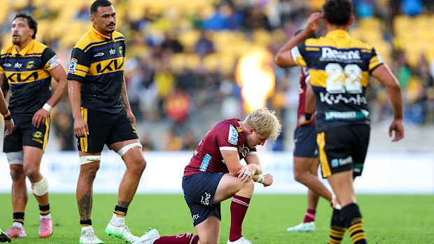 Tom Lynagh of the Reds reacts at the final whistle in Wellington.