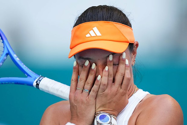 Jessica Pegula of the United States reacts against Elena Rybakina of Kazakhstan.